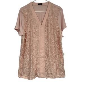Badgley Mischka Pink Floral Appliqué Short Sleeve Blouse Womens XXL Coquette Top